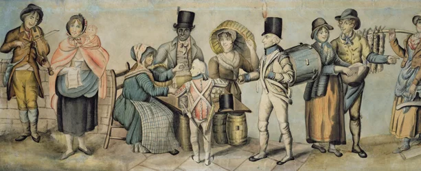 Gå till mässan, detalj av musikalisk familjeakt och äppelförsäljare, ca 1815 (wc och gouache på papper) (se även 107508 och 107509)