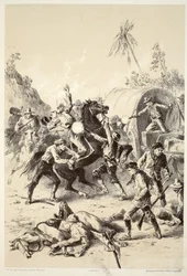 Guld eskort attackerad av Bush Rangers, från The History of Australasia av David Blair, McGrady, Thomson och Niven, 1879