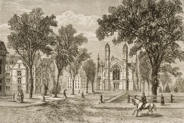 Gore Hall, Harvard University omkring 1870, från "American Pictures" utgiven av Religious Tract Society, 1876.