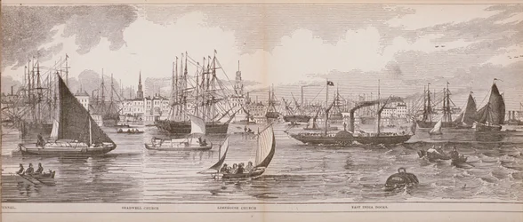 Grand Panorama of London, från Themsen med utsikt mot Shadwell, East India Docks and Limehouse, 1849 (trägravyr)