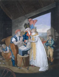 Gretna Green, eller det glödheta äktenskapet, pub. Av Aurrie & Whittle, 1794 88:Oh! Mr Blacksmith, lindra våra smärtor - och bind oss fast i Wedlocks Chains 99:female; traditionell kostym; tra