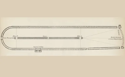 Grundplan över en typisk romersk cirkus, ur The National Encyclopaedia, utgiven av William Mackenzie, London, sent 1800-tal
