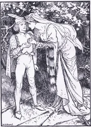 Guenevere skickar sin sida till Lancelot för hjälp, illustration från "The Book of Romance" publicerad av Longmans Green och Co