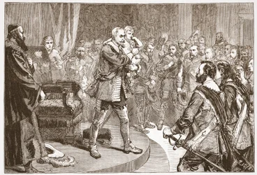 Gustavus Adolphus tar avsked från staterna, illustration från The History of Protestantism av James Aitken Wylie (1808-1890), pub. 1878