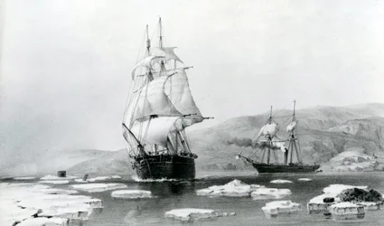 HMS Assistance och Pioneer bröt ut ur vinterkvarteren 1854 (litografi)