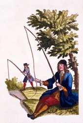 En gentlemans vanor - Fiske, 1690 (handfärgad gravyr)