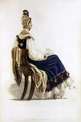 Halvklänning, modetallrik från Ackermanns Repository of Arts (färgad gravyr)
