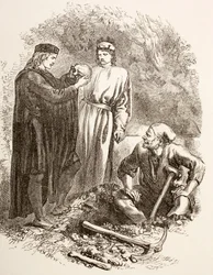 Hamlet håller Yoricks skalle, illustration till akt V, scen I i Hamlet, ur «The Illustrated Library Shakespeare», utgiven i London 1890