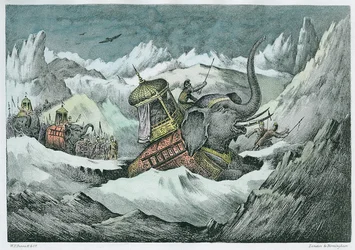Hannibal (247-c.183 f.Kr.) och hans krigselefanter som korsar Alperna (senare kolorering)