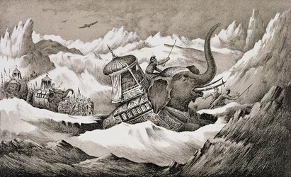 Hannibal (247-c.183 f.Kr.) och hans krigselefanter korsar Alperna