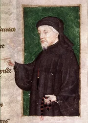 Harl 4866 f.88 Porträtt av Chaucer, från dikten `Regiment of Princes