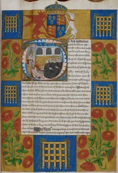 Harley 1498, f.1 Henry VII presenterar kontraktet för John Islip, abbot av Westminster Abbey, Indentures of Westminster Abbey (vellum)