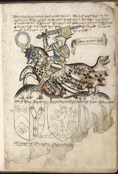 Harley 2169 f. 3 Henrik VI till häst, vapensköldar på Henrik VI:s tid (vellum)