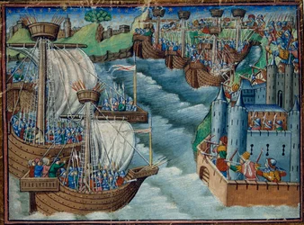 Harley 326, f.29v Kristen flotta attackerar hamnen i Gaeta i Italien, som innehas av turkarna, från De tre kungarnas söner, ca 1500 (vellum)