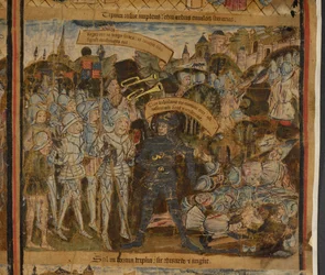 Harley 7353 Edward av York leder sin armé in i strid, illustration från "Life of Edward IV" (vellum)