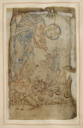 Helvetets skakning, från "Tiberius Psalter", Cotton MS Tiberius C VI, f.14 , ca 1050 (pergament)
