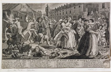 Han och hans berusade följeslagare väcker upplopp i Covent Garden, 1735