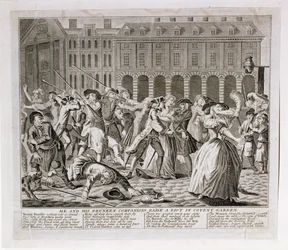 Han och hans berusade följeslagare väcker upplopp i Covent Garden, 1735