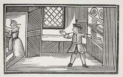 Han gick till skafferiet och tog till sig brödet och smöret, illustration från Chap-books of the Eighteenth Century av John Ashton, pub. 1882