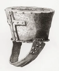 Hjälm, från Castle Pomeroy, England, från c. 1100-talet, från The British Army: Its Origins, Progress and Equipment, publicerad 1868.