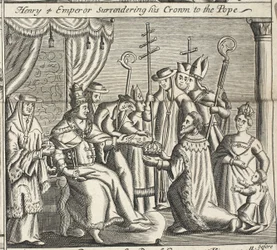 Henry 4 kejsare som överlämnar sin krona till påven, illustration från Acts and Monuments av John Foxe, nionde upplagan, pub. 1684