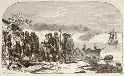 Henry Hudson erbjuder sprit till indianerna 1609 (litho)