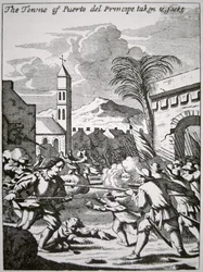 Henry Morgan erövrar och plundrar staden Puerto de Principe, Kuba, 1668, illustration från 