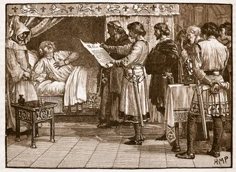 Henry tar emot nyheten om Johns förräderi, illustration från Cassells Illustrated History of England (sepiafoto)