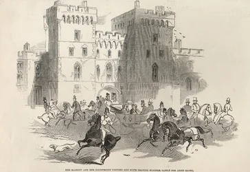 Hennes Majestät och hennes berömda besökare och svit lämnar Windsor Castle för Ascot Races, från "The Illustrated London News", 14 juni 1845.
