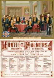 Hennes Majestäts departement, fram- och baksidan av ett reklamkort för Huntley & Palmers Biscuits, producerat för den franska marknaden ca 1890