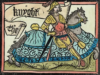 Here Begynneth the Knightes Tale, illustration från The Canterbury Tales av Geoffrey Chaucer (c.1345-1400) tryckt av William Caxton (c.1422-91) 1434 (senare färgläggning)