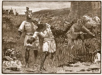 Heroism of St. Clair at the Siege of Bridgnorth Castle, illustration från Cassells Illustrated History of England (sepiafoto)