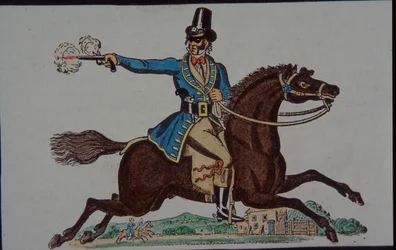 Highwayman-figur för viktoriansk barnleksaksteater (handfärgad gravyr)