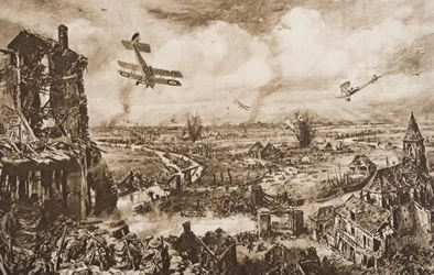 Håller upp en tysk attack, Armentieres, Belgien, illustration från 