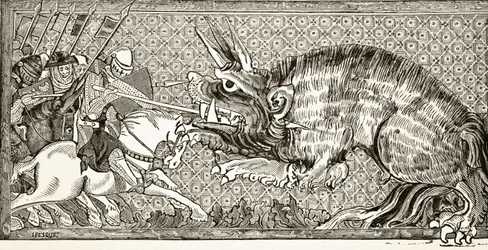 Hur Alexander slogs med odjuret, efter en miniatyr i ett 1200-talsmanuskript, från "Science and Literature in the Middle Ages", av Paul Lacroix, 1878