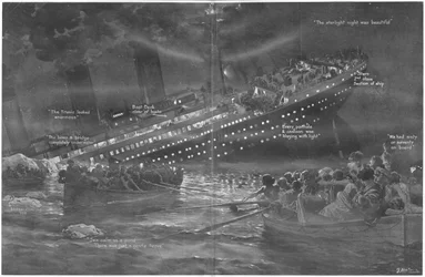 Hur Titanic gradvis sjönk bågen först med sina ljus flammande till det sista, från The Sphere, 27 april 1912