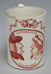 Humoristisk mugg dekorerad med inverterbara huvuden av en man och kvinna, ca 1780 (creamware)