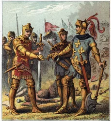 Hundraårskriget: Slaget vid Poitiers (1356). Frankrikes kung Johan II den gode (1319-1364) erkände sitt nederlag och gick till Englands Edvard Plantagenet (Edvard av Woodstock Brackembury)