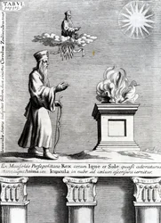 Illustration av Zoroaster som dyrkar elden och solen, 1697