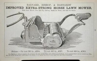 Improved Extra-Strong Horse Lawn Mower, illustration från en trädgårdskatalog, utgiven av Barnard Bishop & Barnard.