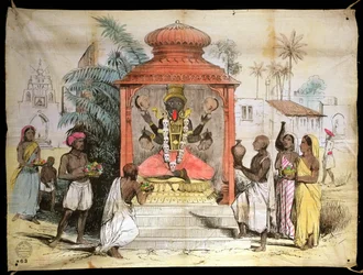 Indien, figur och dyrkan av Kali, ca 1850 (bläck och tvättar på tyg)