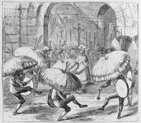 Indianer som firar Chuno- eller Potatisfestivalen, Tiahuanaco, Bolivia, från "Incidents of Travel and Exploration in the Land of the Incas" av E. George Squier, pub. år 1878