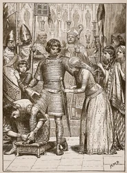 Initiering i riddarordningen, illustration från Cassells Illustrated History of England (sepiafoto)