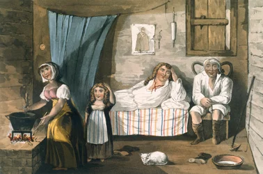 Inside a Cottage, från A Picturesque Tour of the English Lakes av T.H. Fielding och J. Walton, publicerad av R. Ackermann, London, 1821 (handfärgad akvatint)