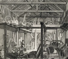 Interiörvy av John Bunyans möteshus i Zoar Street, Gravel Lane, Southwark, använd som verkstad och sågverk, ca 1822 (se även 190619)