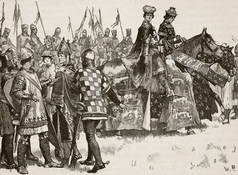 Intervju mellan Becket och kung Henry, illustration från Cassells Illustrated History of England (sepiafoto)