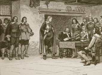 Intervju mellan Charles och Earl of Denbigh, illustration från Cassells Illustrated History of England (sepiafoto)