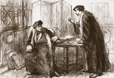 Intervju mellan Erasmus och Calvin, illustration från The History of Protestantism av James Aitken Wylie (1808-1890), pub. 1878