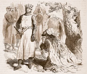 Isaac av Cypern ber om frigivning av sin dotter, illustration från Cassells Illustrated History of England (sepiafoto)