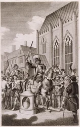 Jack Cades uppror 1450: Case förklarade sig själv som Lord of the City of London vid London Stone, Cannon Street, ca 1770